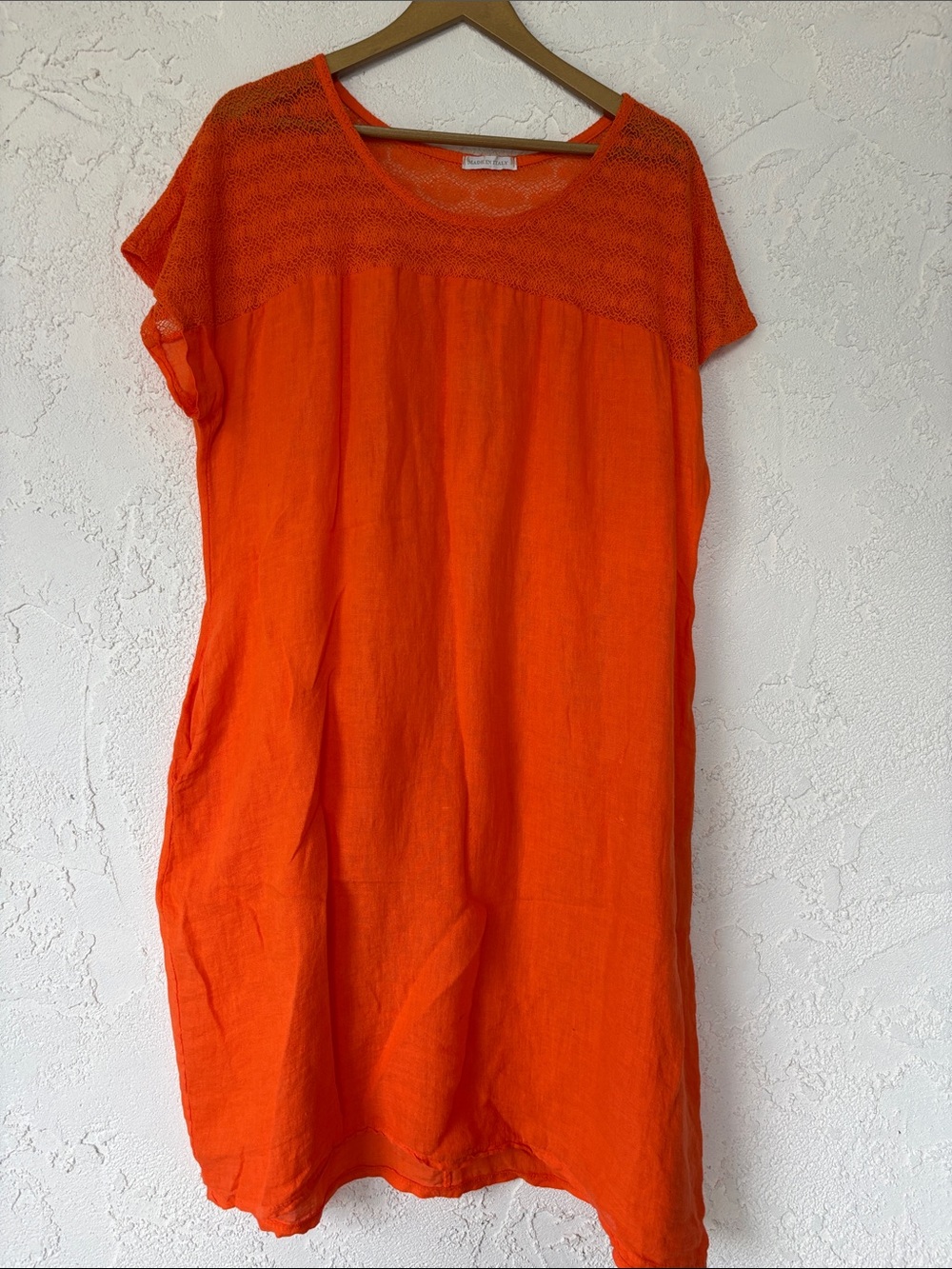 Women's Orange Linen Shift Dress with Crochet Yoke